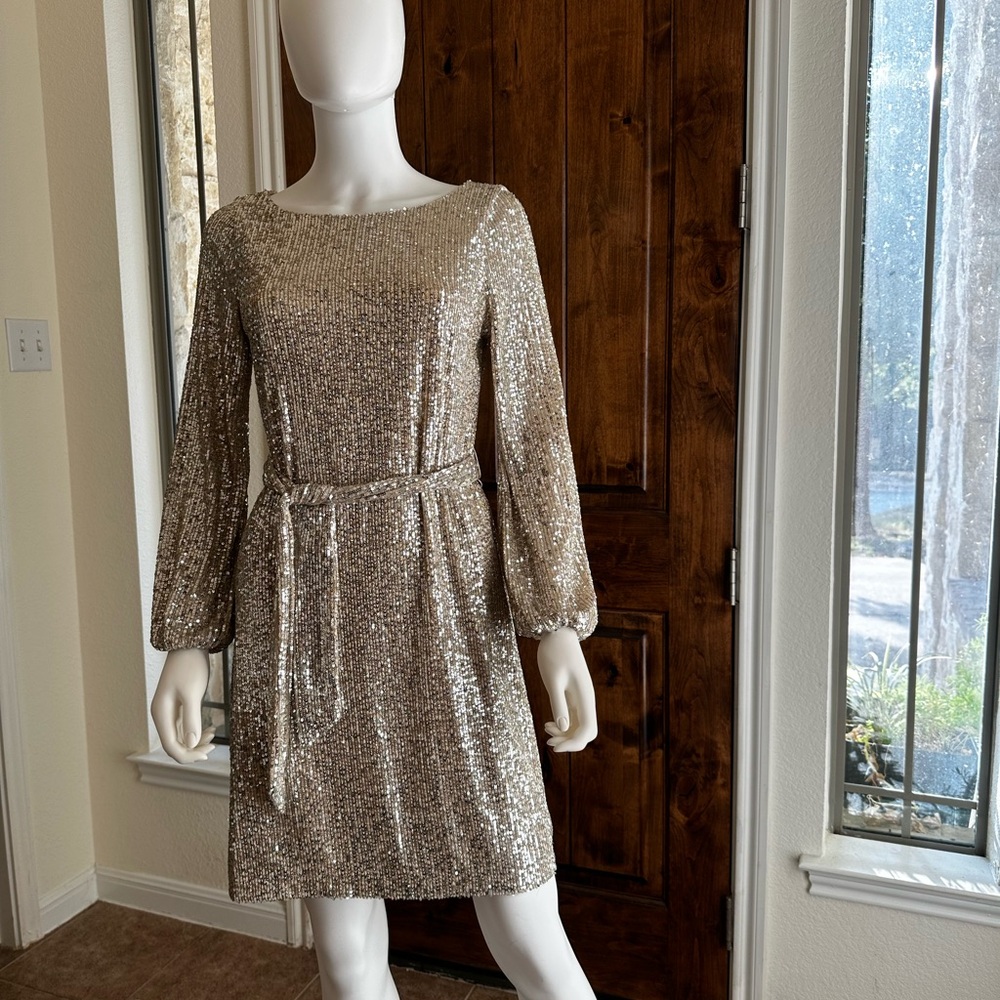 Neiman Marcus Champagne Sequin Belted Mini Dress Size XS
